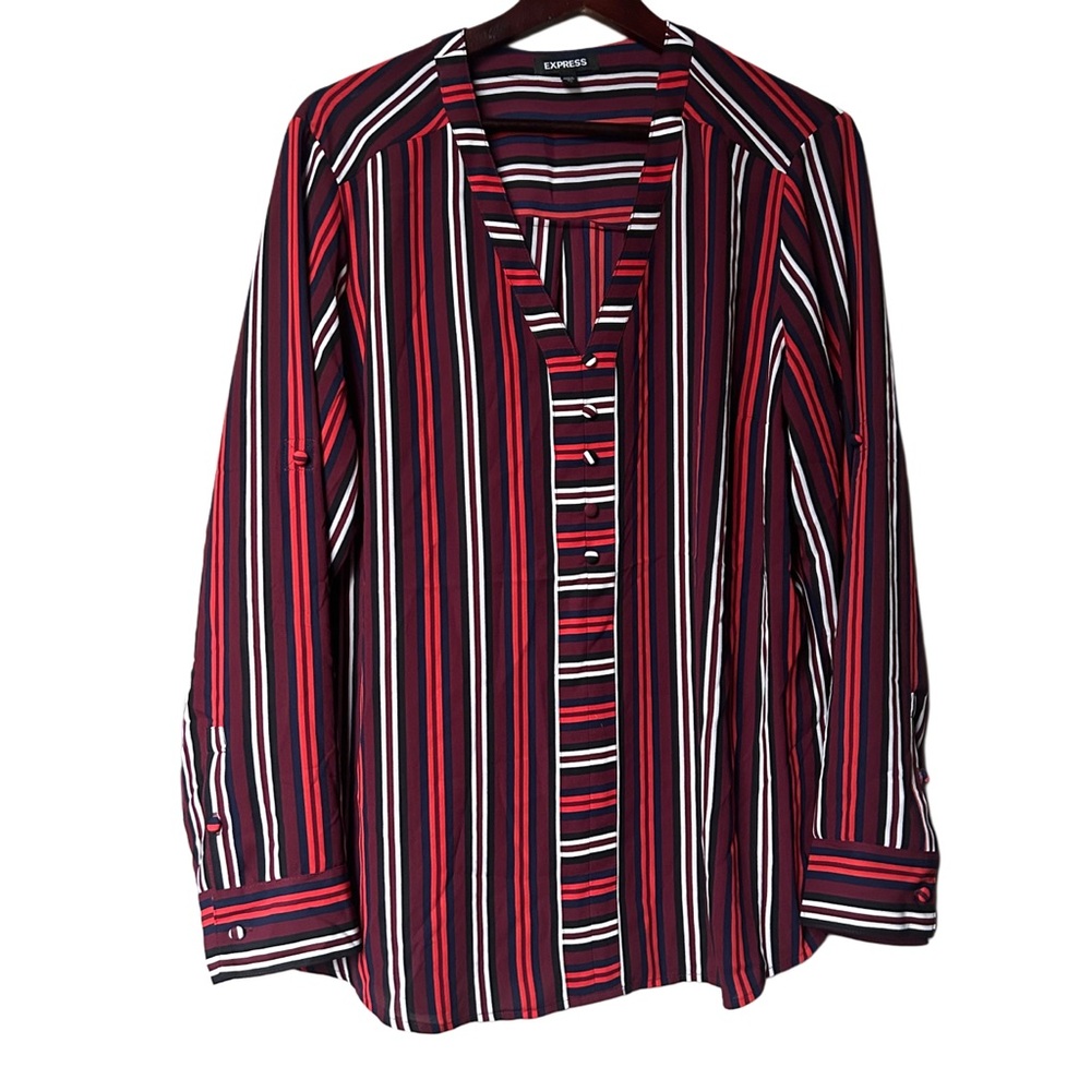 Express Red & Black Vertical Stripe Blouse – Size XL, Button Front, Roll Sleeve
